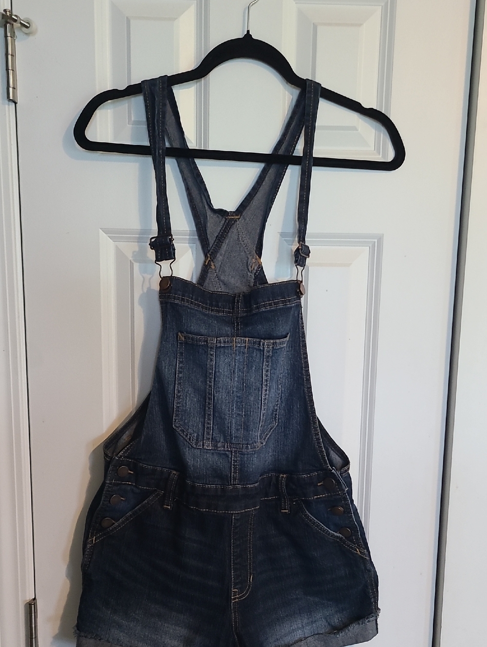 No Boundaries Dark Blue Denim Short Overalls - Picture 2 of 4